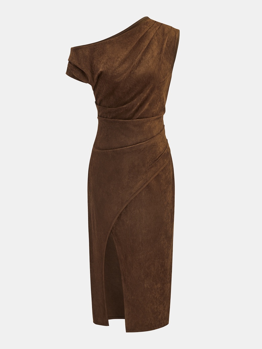 Commense Suede Effect One-Shoulder Ruched Brown Asymmetrical Midi Dress Size M